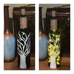 HANDCRAFTED Hand Painted Wine Bottle Decor with Fairy Lights